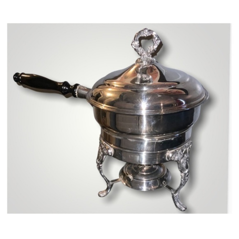 Vintage Sheridan Silver Plated Chafing Dish With Lid Stand & Burner Wood Handle